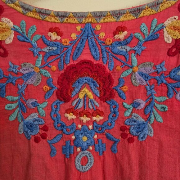 Johnny Was Deep Coral Embroidered V-neck 3/4 Sleeve Tunic Top Size S - Picture 7 of 9